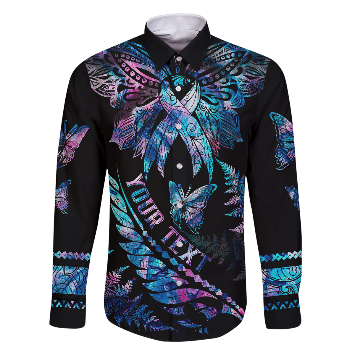 Personalised Polynesia Ribbon Butterflies Family Matching Summer Maxi Dress and Hawaiian Shirt Silver Fern Breast Cancer With Papua Shell Pattern LT9 Dad's Shirt - Long Sleeve Black - Polynesian Pride