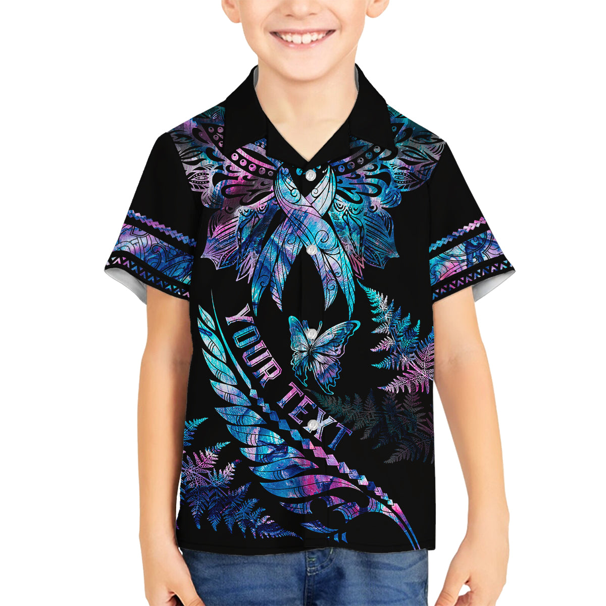 Personalised Polynesia Ribbon Butterflies Family Matching Summer Maxi Dress and Hawaiian Shirt Silver Fern Breast Cancer With Papua Shell Pattern LT9 Son's Shirt Black - Polynesian Pride
