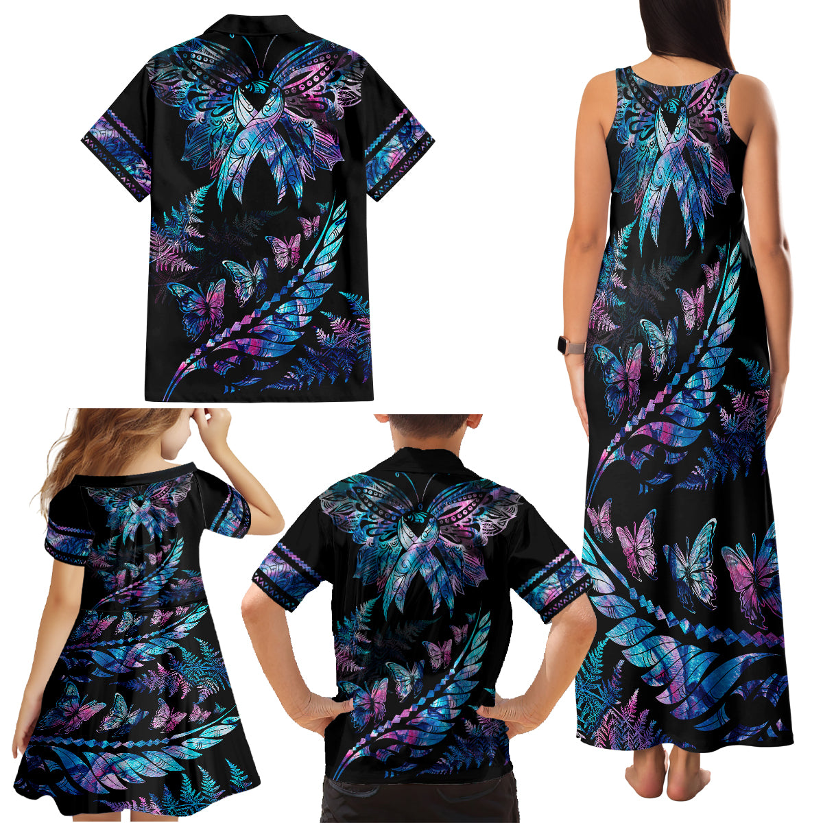 Personalised Polynesia Ribbon Butterflies Family Matching Tank Maxi Dress and Hawaiian Shirt Silver Fern Breast Cancer With Papua Shell Pattern LT9 - Polynesian Pride