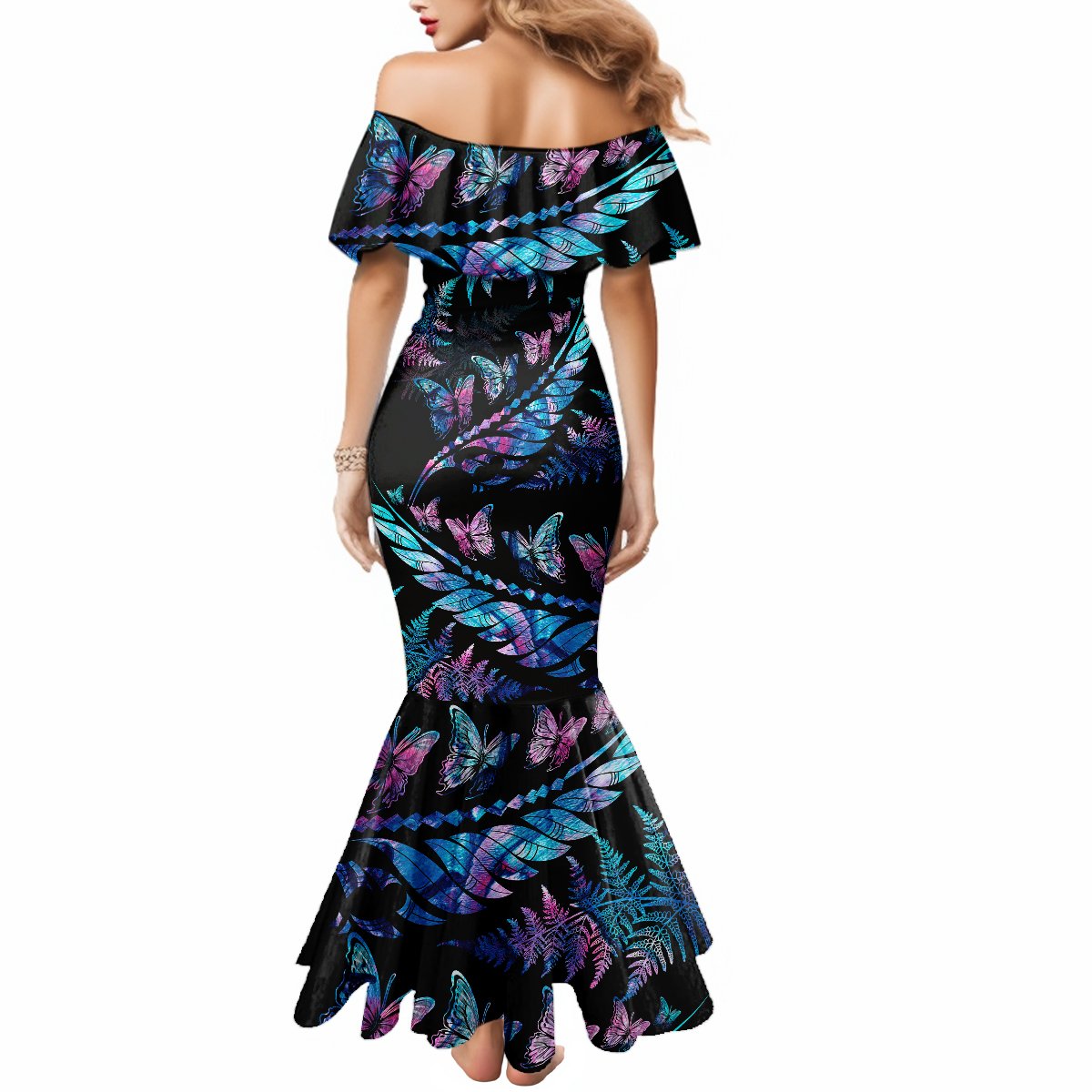 personalised-polynesia-ribbon-butterflies-mermaid-dress-silver-fern-breast-cancer-with-papua-shell-pattern