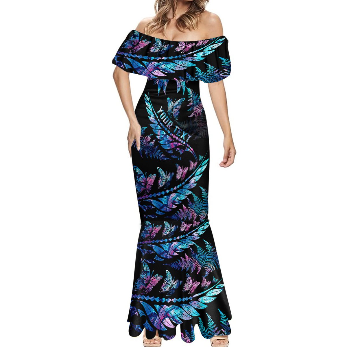 personalised-polynesia-ribbon-butterflies-mermaid-dress-silver-fern-breast-cancer-with-papua-shell-pattern