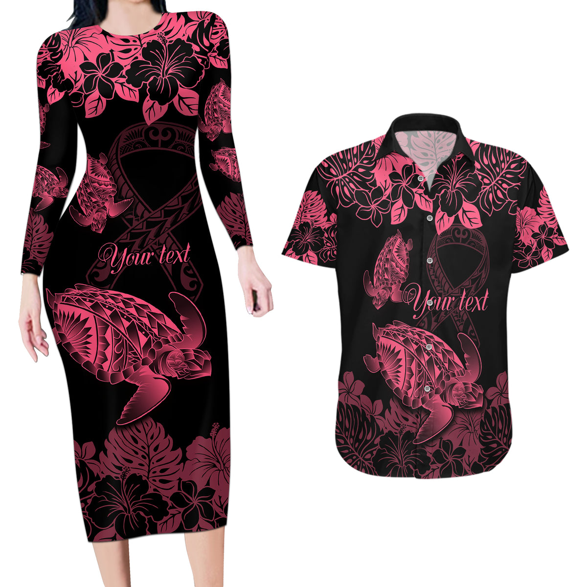 Personalised Polynesian Turtle Ribbon Couples Matching Long Sleeve Bodycon Dress and Hawaiian Shirt Think Pink Breast Cancer With Pacific Hibiscus LT9 Pink - Polynesian Pride