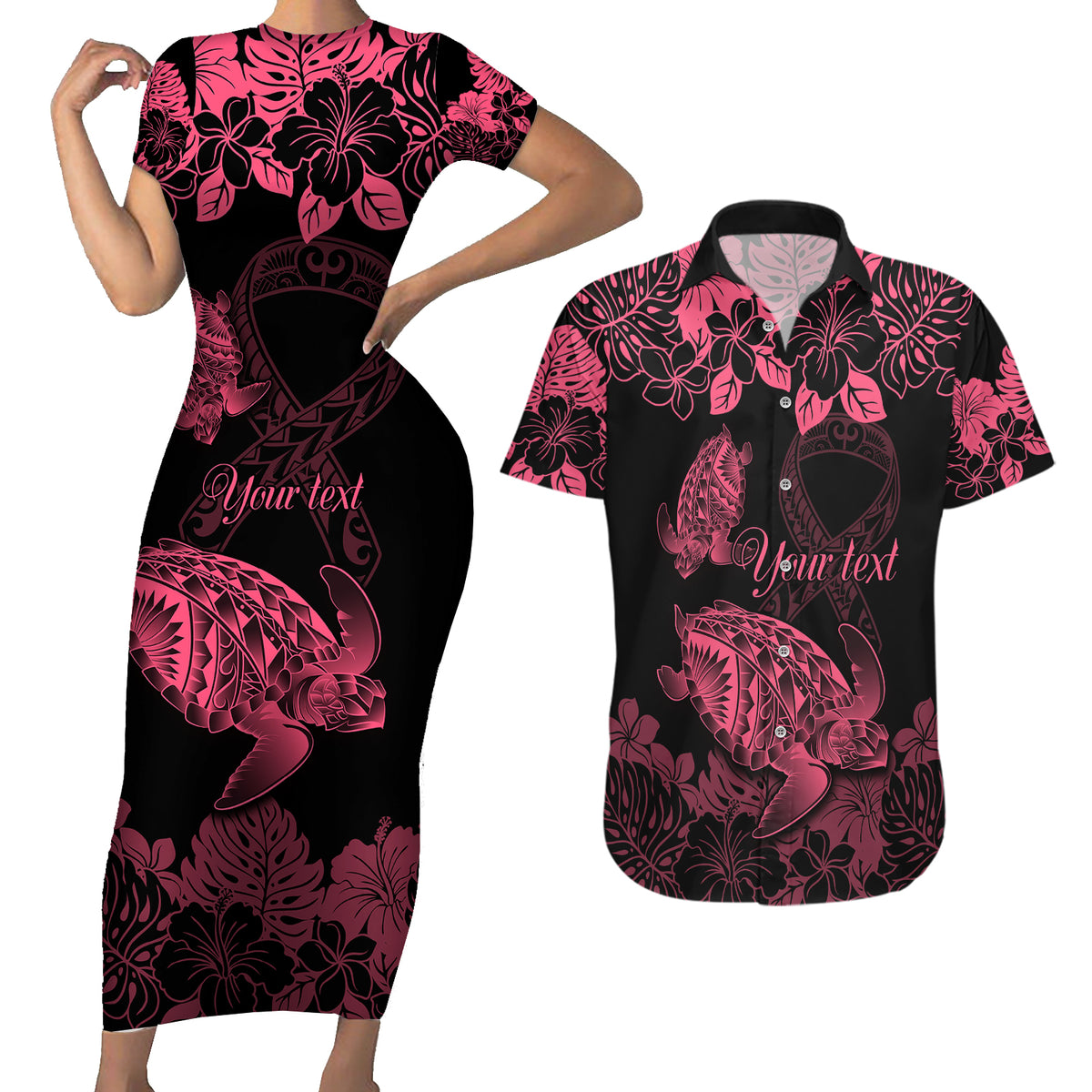 Personalised Polynesian Turtle Ribbon Couples Matching Short Sleeve Bodycon Dress and Hawaiian Shirt Think Pink Breast Cancer With Pacific Hibiscus LT9 Pink - Polynesian Pride