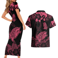 Personalised Polynesian Turtle Ribbon Couples Matching Short Sleeve Bodycon Dress and Hawaiian Shirt Think Pink Breast Cancer With Pacific Hibiscus LT9 - Polynesian Pride