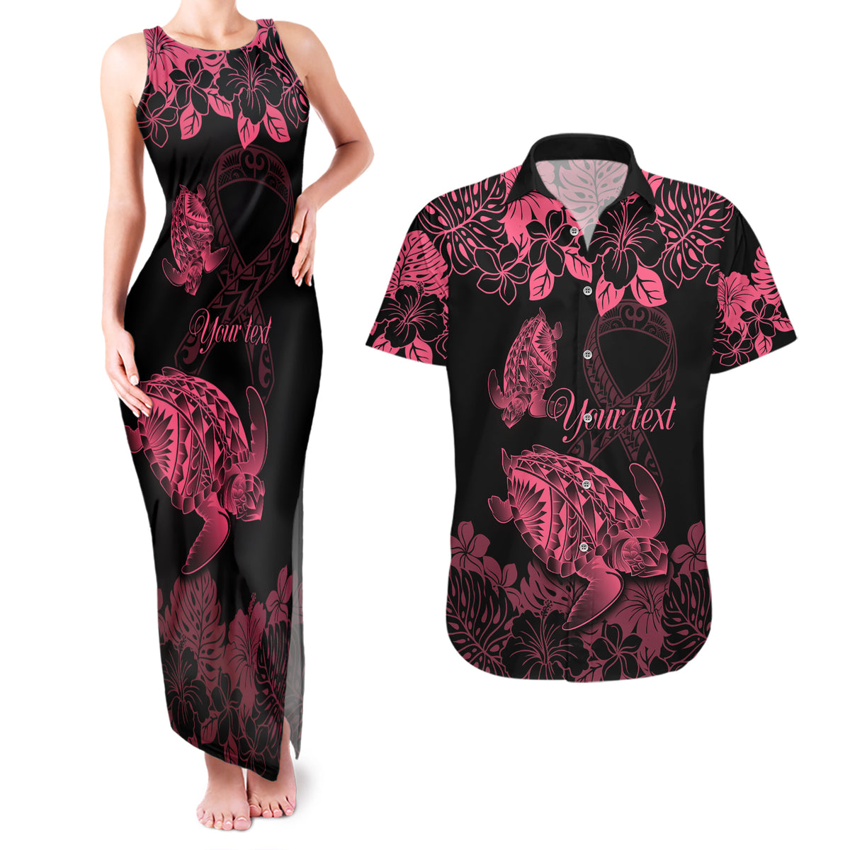 Personalised Polynesian Turtle Ribbon Couples Matching Tank Maxi Dress and Hawaiian Shirt Think Pink Breast Cancer With Pacific Hibiscus LT9 Pink - Polynesian Pride