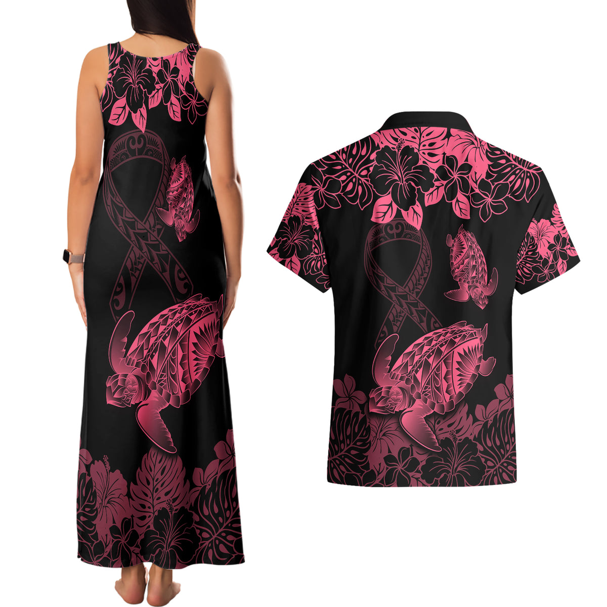 Personalised Polynesian Turtle Ribbon Couples Matching Tank Maxi Dress and Hawaiian Shirt Think Pink Breast Cancer With Pacific Hibiscus LT9 - Polynesian Pride