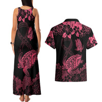 Personalised Polynesian Turtle Ribbon Couples Matching Tank Maxi Dress and Hawaiian Shirt Think Pink Breast Cancer With Pacific Hibiscus LT9 - Polynesian Pride