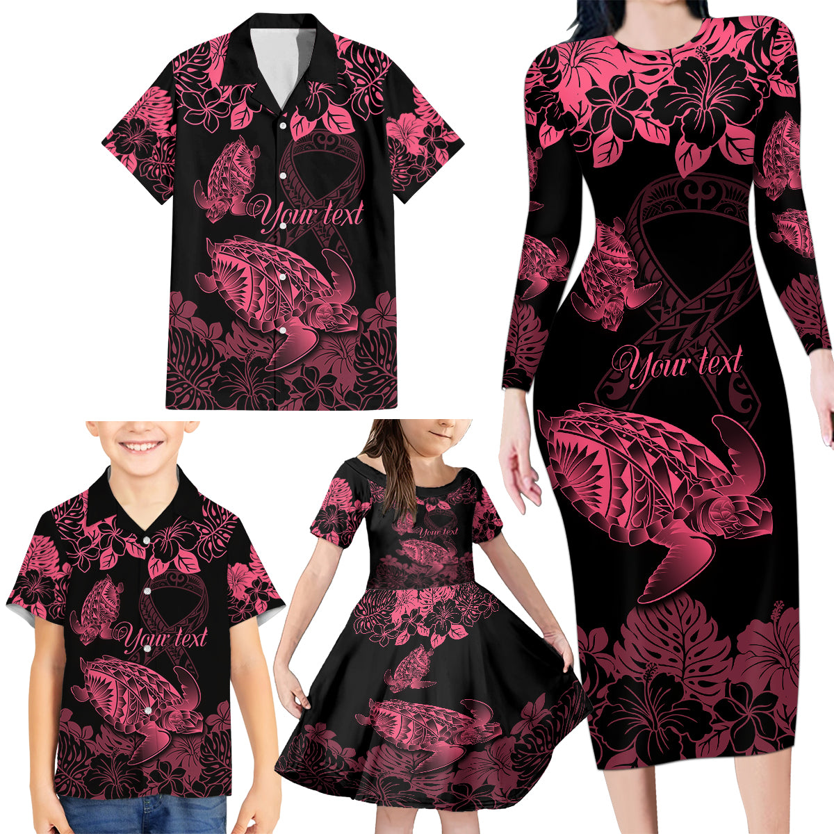 Personalised Polynesian Turtle Ribbon Family Matching Long Sleeve Bodycon Dress and Hawaiian Shirt Think Pink Breast Cancer With Pacific Hibiscus LT9 - Polynesian Pride