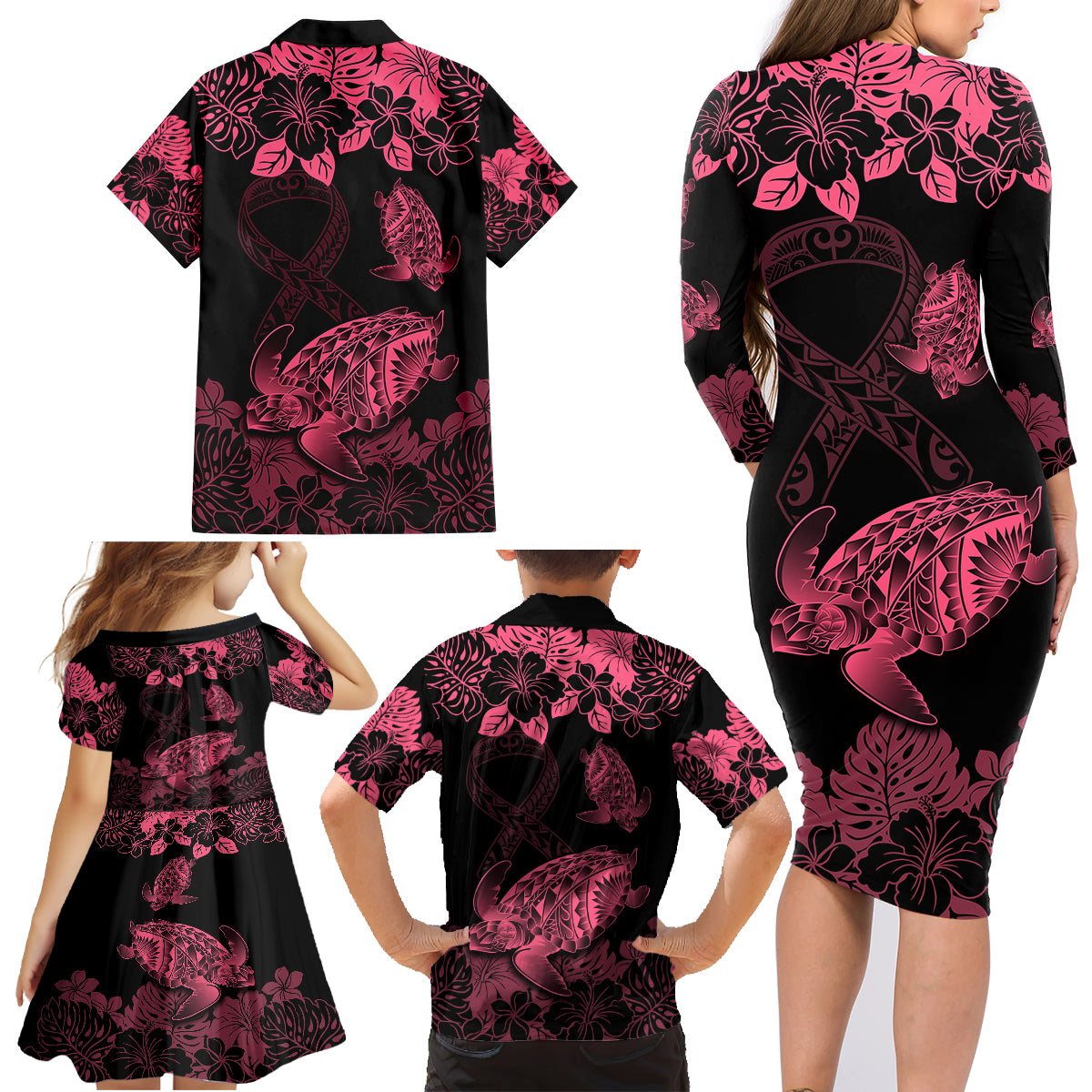 Personalised Polynesian Turtle Ribbon Family Matching Long Sleeve Bodycon Dress and Hawaiian Shirt Think Pink Breast Cancer With Pacific Hibiscus LT9 - Polynesian Pride