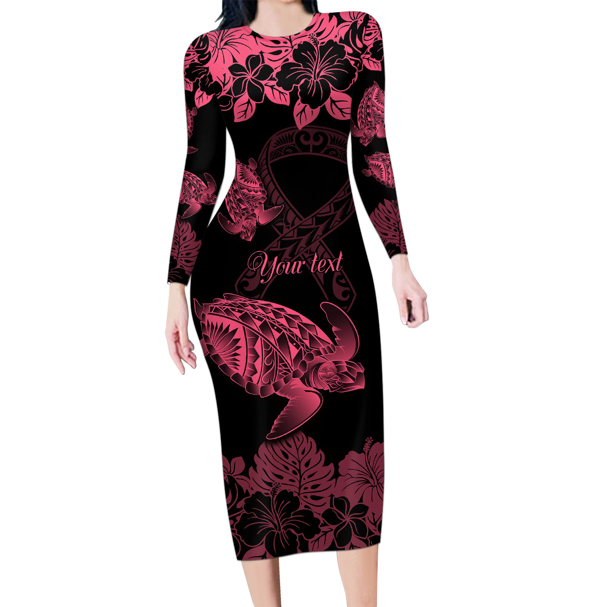 Personalised Polynesian Turtle Ribbon Family Matching Long Sleeve Bodycon Dress and Hawaiian Shirt Think Pink Breast Cancer With Pacific Hibiscus LT9 Mom's Dress Pink - Polynesian Pride