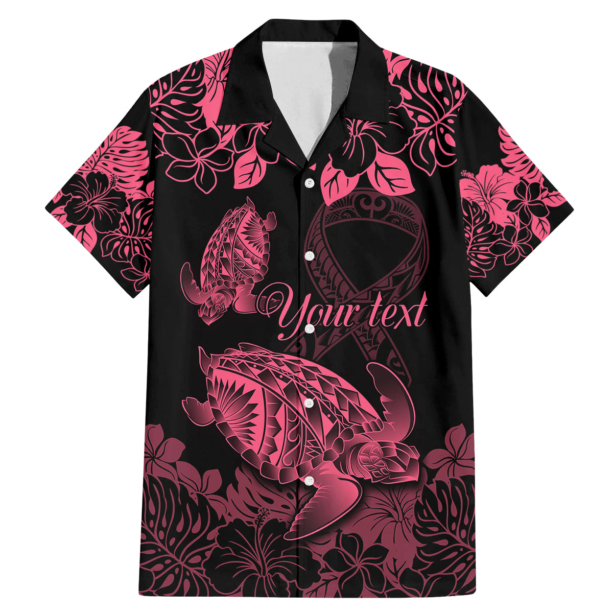 Personalised Polynesian Turtle Ribbon Family Matching Mermaid Dress and Hawaiian Shirt Think Pink Breast Cancer With Pacific Hibiscus LT9 Dad's Shirt - Short Sleeve Pink - Polynesian Pride