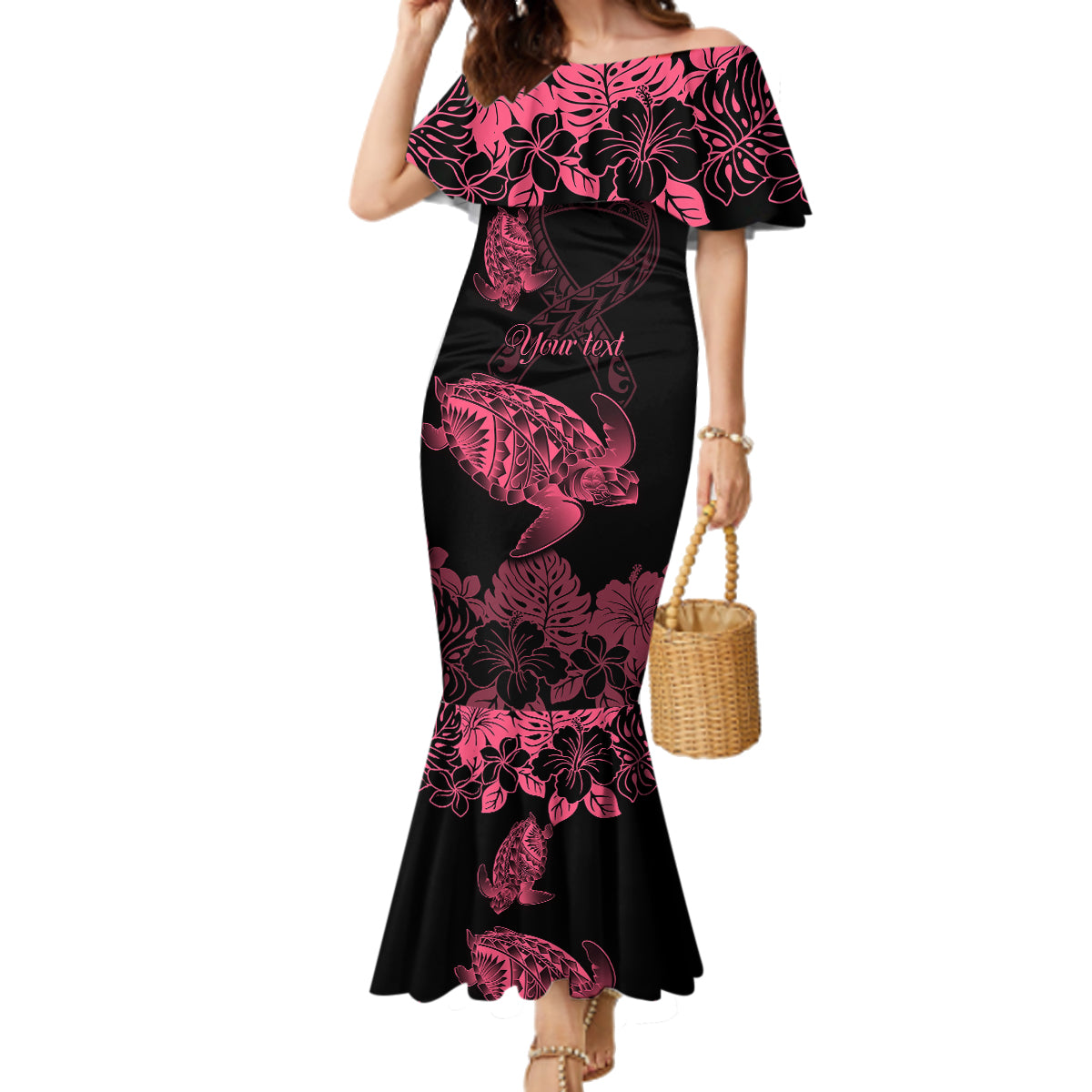 Personalised Polynesian Turtle Ribbon Family Matching Mermaid Dress and Hawaiian Shirt Think Pink Breast Cancer With Pacific Hibiscus LT9 Mom's Dress Pink - Polynesian Pride