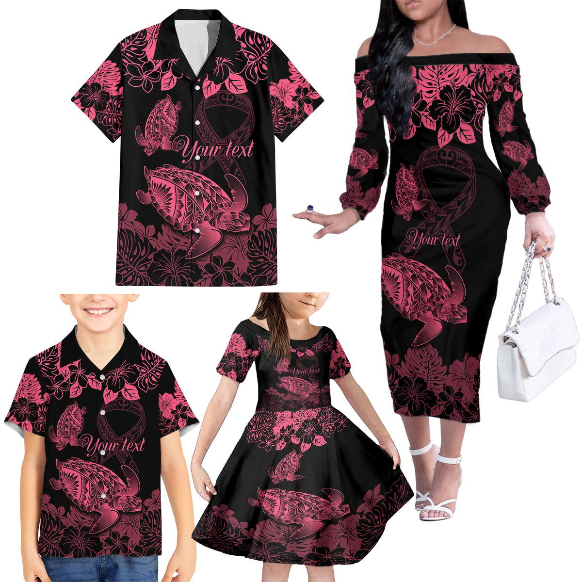 Personalised Polynesian Turtle Ribbon Family Matching Off Shoulder Long Sleeve Dress and Hawaiian Shirt Think Pink Breast Cancer With Pacific Hibiscus LT9 - Polynesian Pride