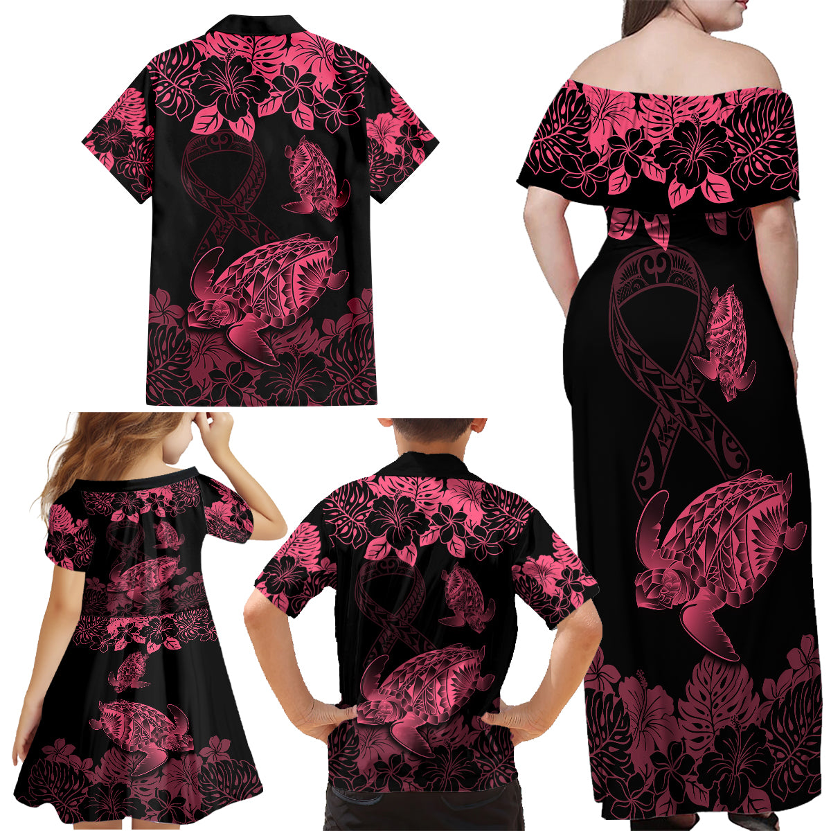 Personalised Polynesian Turtle Ribbon Family Matching Off Shoulder Long Sleeve Dress and Hawaiian Shirt Think Pink Breast Cancer With Pacific Hibiscus LT9 - Polynesian Pride