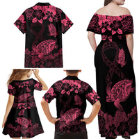 Personalised Polynesian Turtle Ribbon Family Matching Off Shoulder Long Sleeve Dress and Hawaiian Shirt Think Pink Breast Cancer With Pacific Hibiscus LT9 - Polynesian Pride