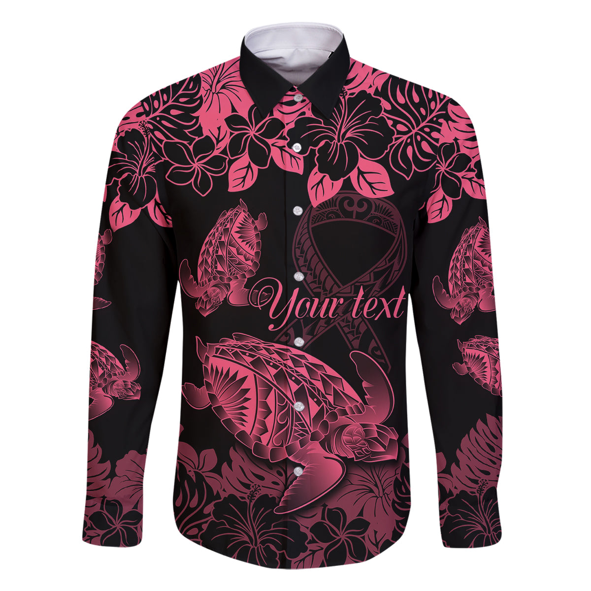 Personalised Polynesian Turtle Ribbon Family Matching Off Shoulder Long Sleeve Dress and Hawaiian Shirt Think Pink Breast Cancer With Pacific Hibiscus LT9 Dad's Shirt - Long Sleeve Pink - Polynesian Pride