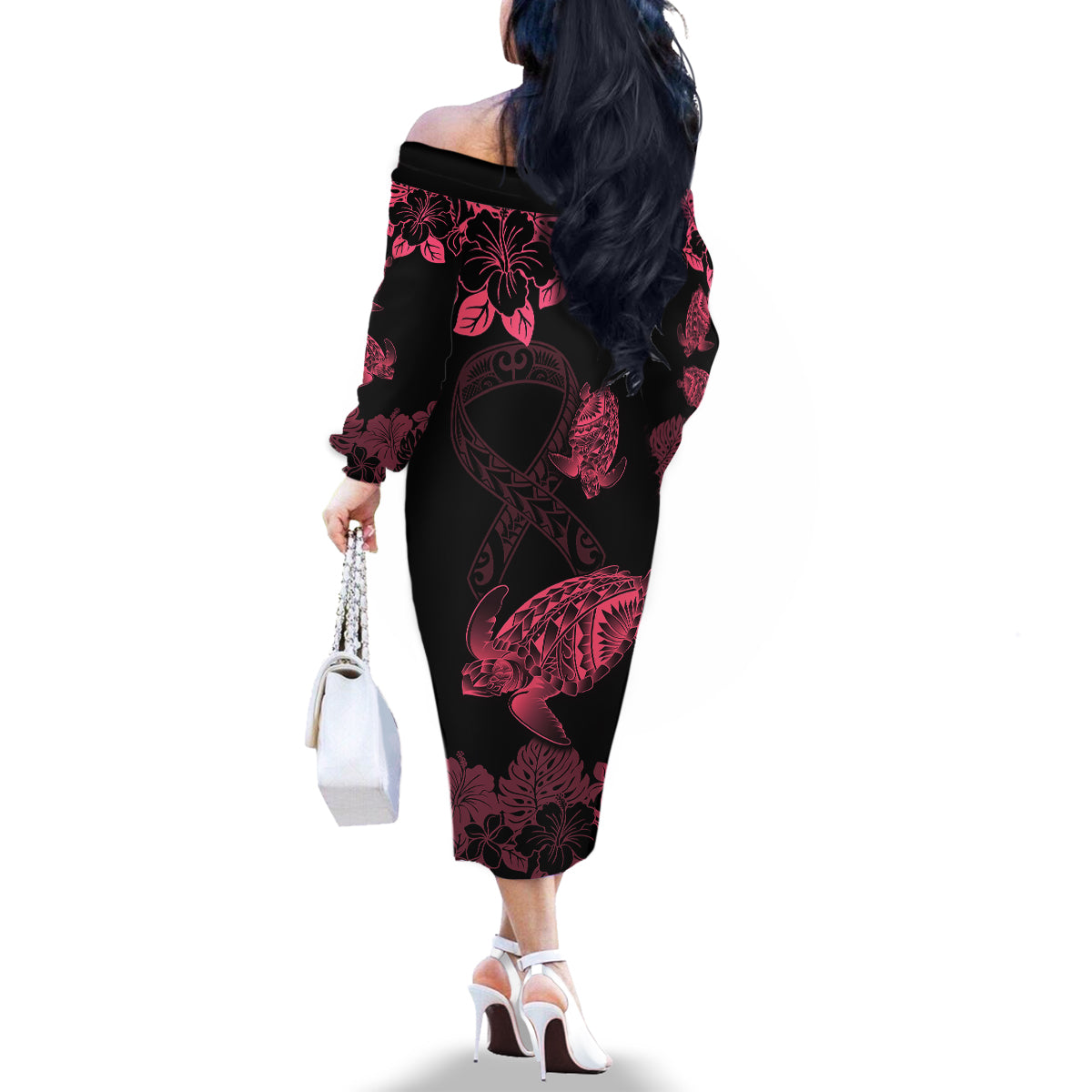 Personalised Polynesian Turtle Ribbon Family Matching Off Shoulder Long Sleeve Dress and Hawaiian Shirt Think Pink Breast Cancer With Pacific Hibiscus LT9 - Polynesian Pride