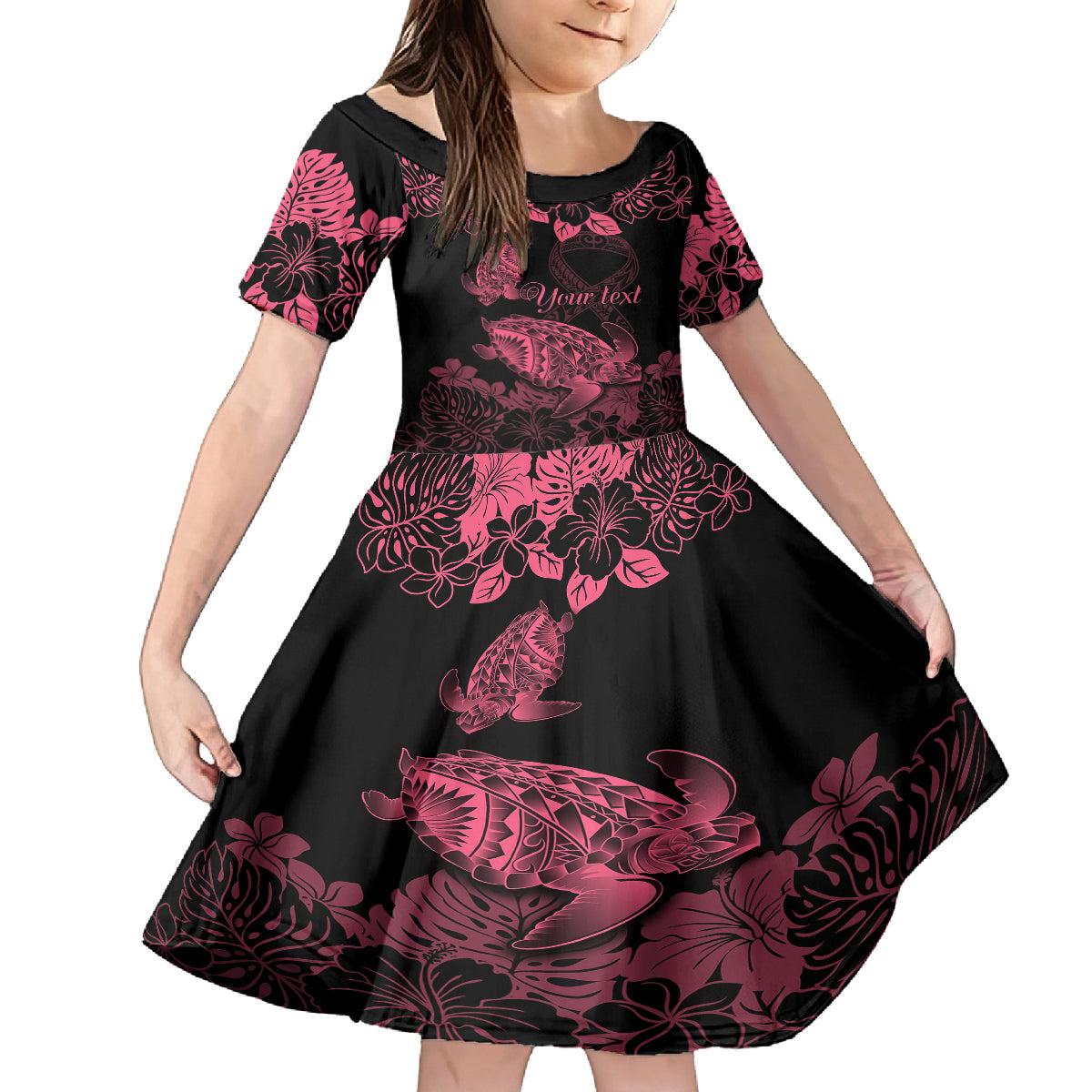 Personalised Polynesian Turtle Ribbon Family Matching Off Shoulder Maxi Dress and Hawaiian Shirt Think Pink Breast Cancer With Pacific Hibiscus LT9 Daughter's Dress Pink - Polynesian Pride