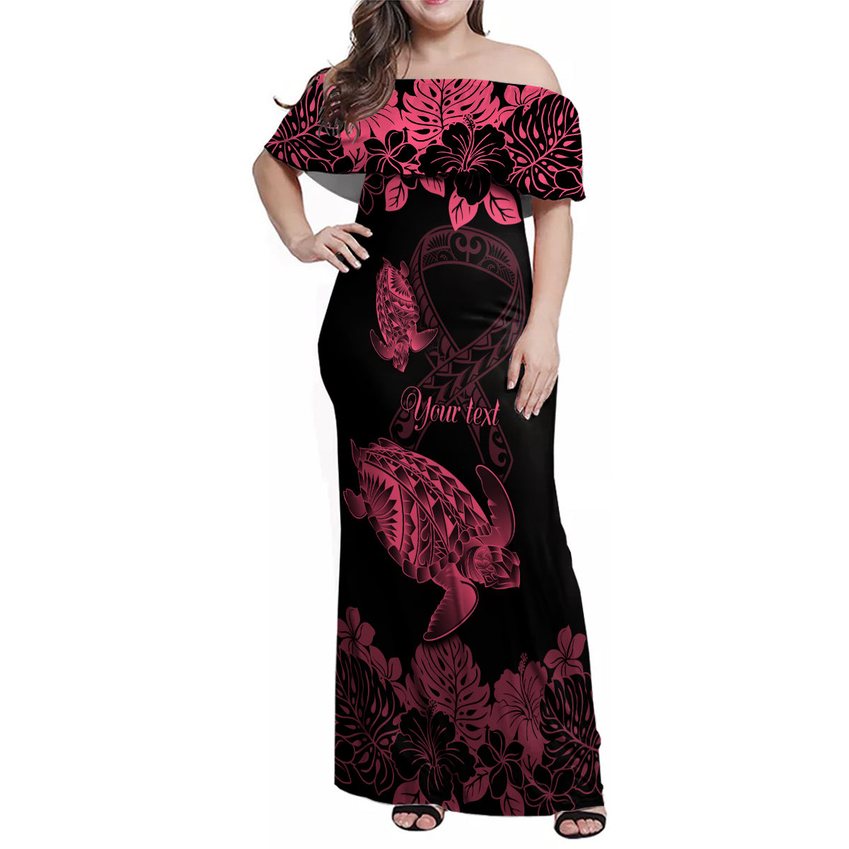 Personalised Polynesian Turtle Ribbon Family Matching Off Shoulder Maxi Dress and Hawaiian Shirt Think Pink Breast Cancer With Pacific Hibiscus LT9 Dad's Shirt - Long Sleeve Pink - Polynesian Pride