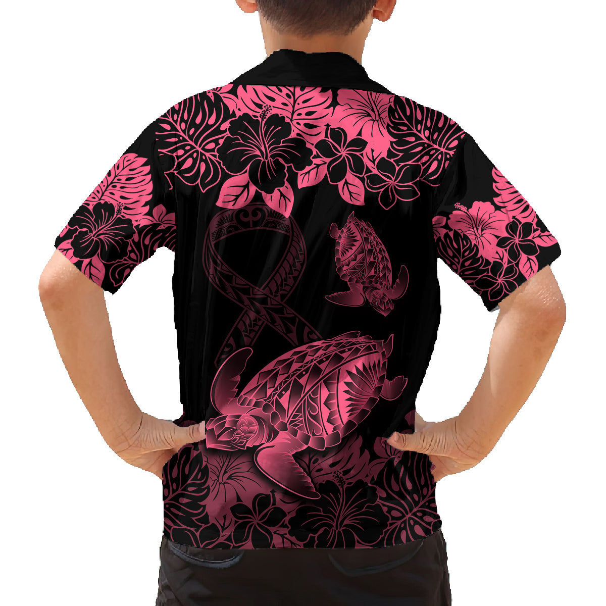 Personalised Polynesian Turtle Ribbon Family Matching Off Shoulder Short Dress and Hawaiian Shirt Think Pink Breast Cancer With Pacific Hibiscus LT9 - Polynesian Pride