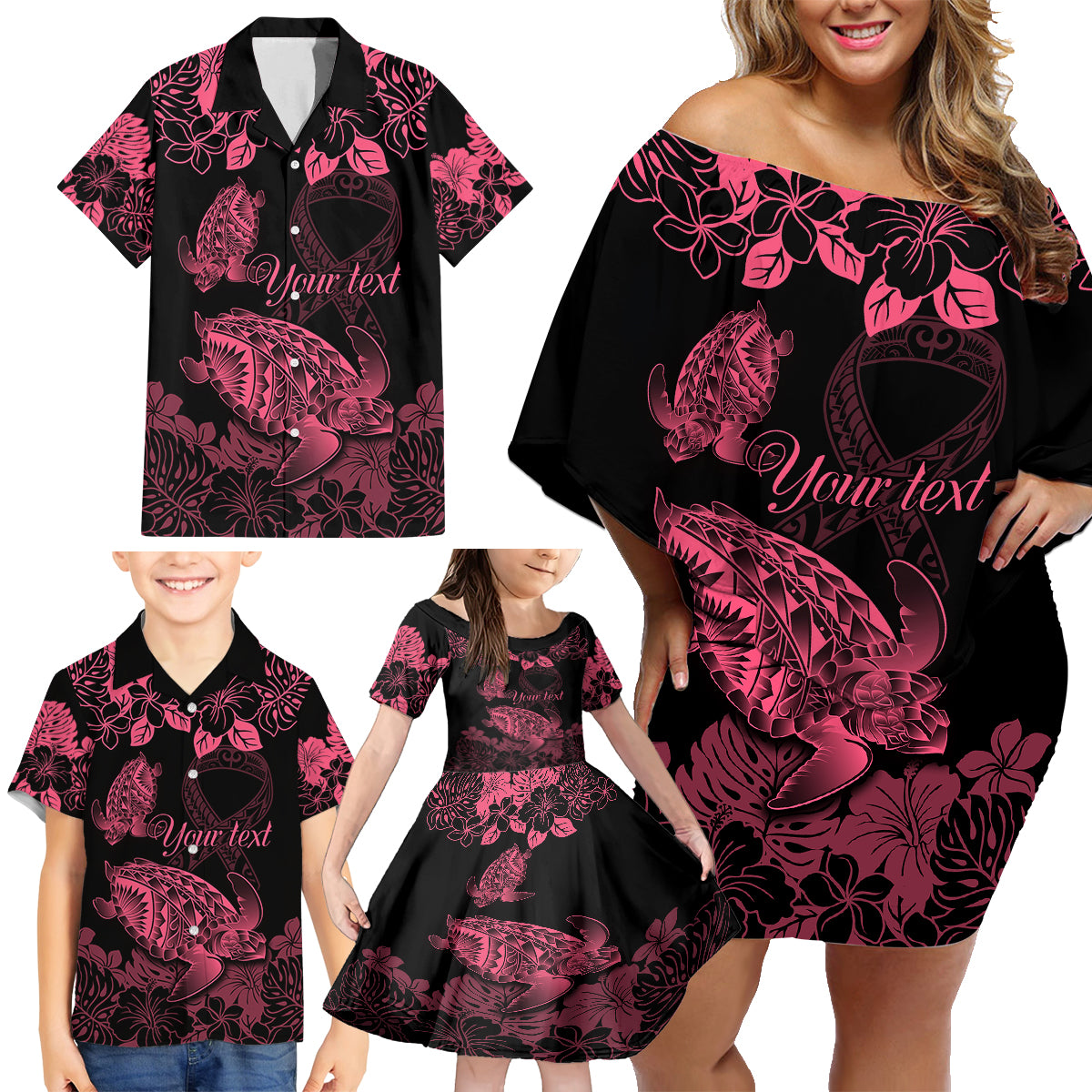 Personalised Polynesian Turtle Ribbon Family Matching Off Shoulder Short Dress and Hawaiian Shirt Think Pink Breast Cancer With Pacific Hibiscus LT9 - Polynesian Pride