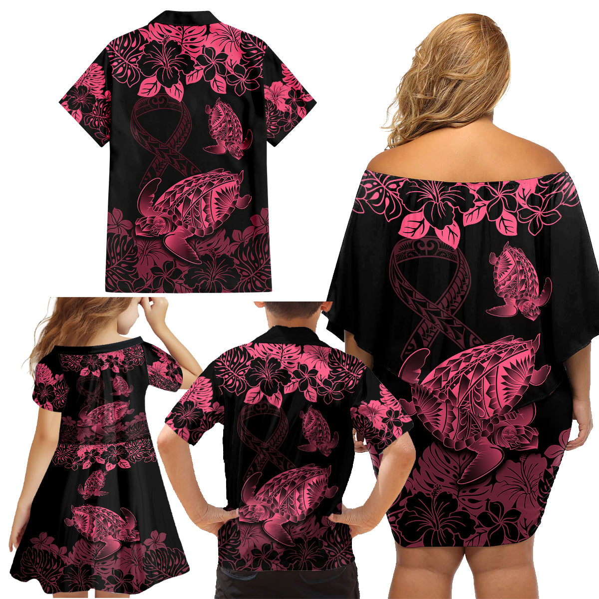 Personalised Polynesian Turtle Ribbon Family Matching Off Shoulder Short Dress and Hawaiian Shirt Think Pink Breast Cancer With Pacific Hibiscus LT9 - Polynesian Pride
