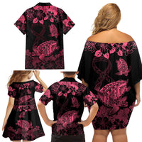 Personalised Polynesian Turtle Ribbon Family Matching Off Shoulder Short Dress and Hawaiian Shirt Think Pink Breast Cancer With Pacific Hibiscus LT9 - Polynesian Pride