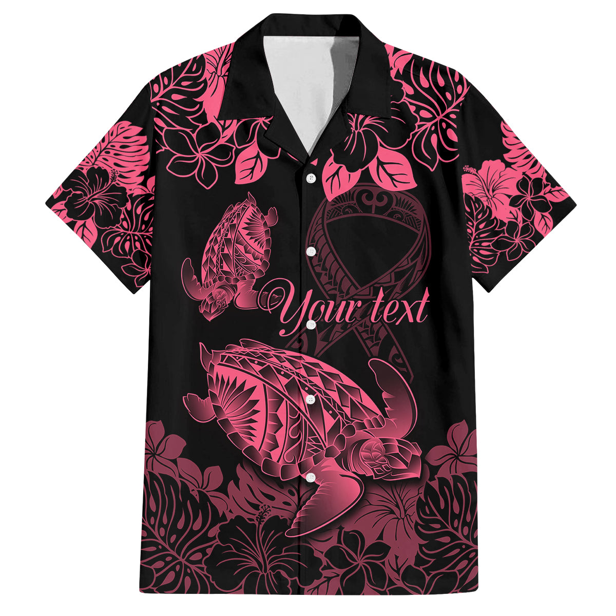 Personalised Polynesian Turtle Ribbon Family Matching Off Shoulder Short Dress and Hawaiian Shirt Think Pink Breast Cancer With Pacific Hibiscus LT9 Dad's Shirt - Short Sleeve Pink - Polynesian Pride