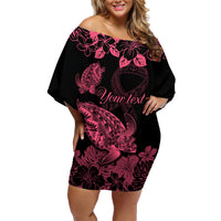 Personalised Polynesian Turtle Ribbon Family Matching Off Shoulder Short Dress and Hawaiian Shirt Think Pink Breast Cancer With Pacific Hibiscus LT9 Mom's Dress Pink - Polynesian Pride