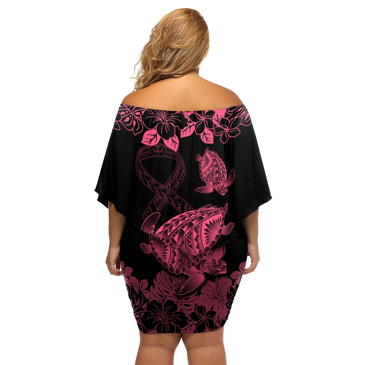 Personalised Polynesian Turtle Ribbon Family Matching Off Shoulder Short Dress and Hawaiian Shirt Think Pink Breast Cancer With Pacific Hibiscus LT9 - Polynesian Pride
