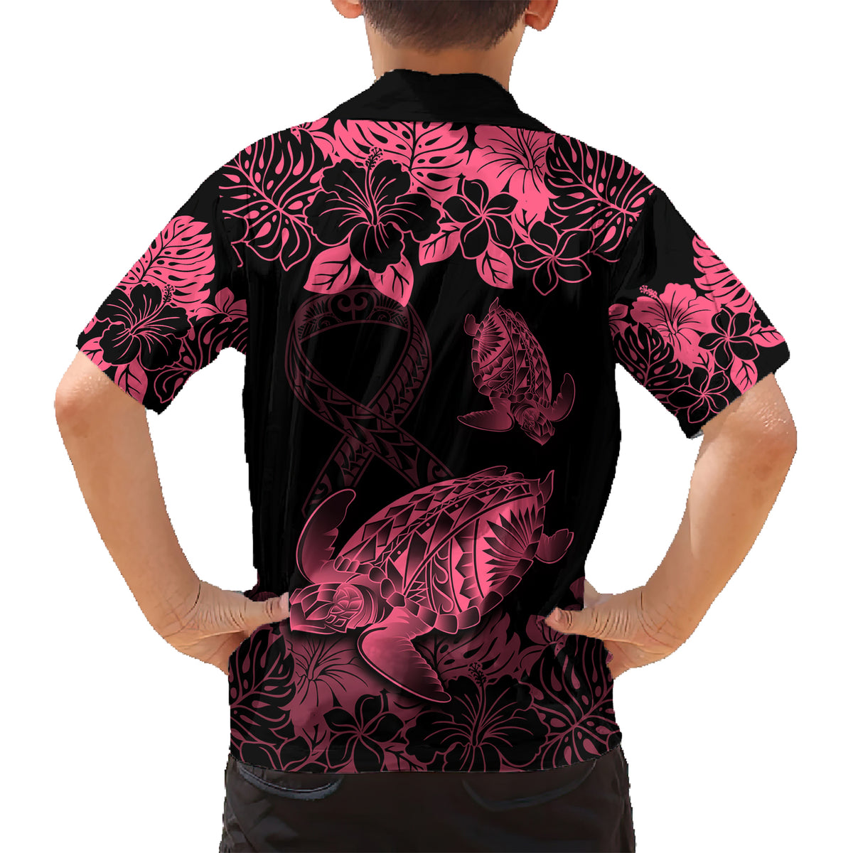 Personalised Polynesian Turtle Ribbon Family Matching Short Sleeve Bodycon Dress and Hawaiian Shirt Think Pink Breast Cancer With Pacific Hibiscus LT9 - Polynesian Pride