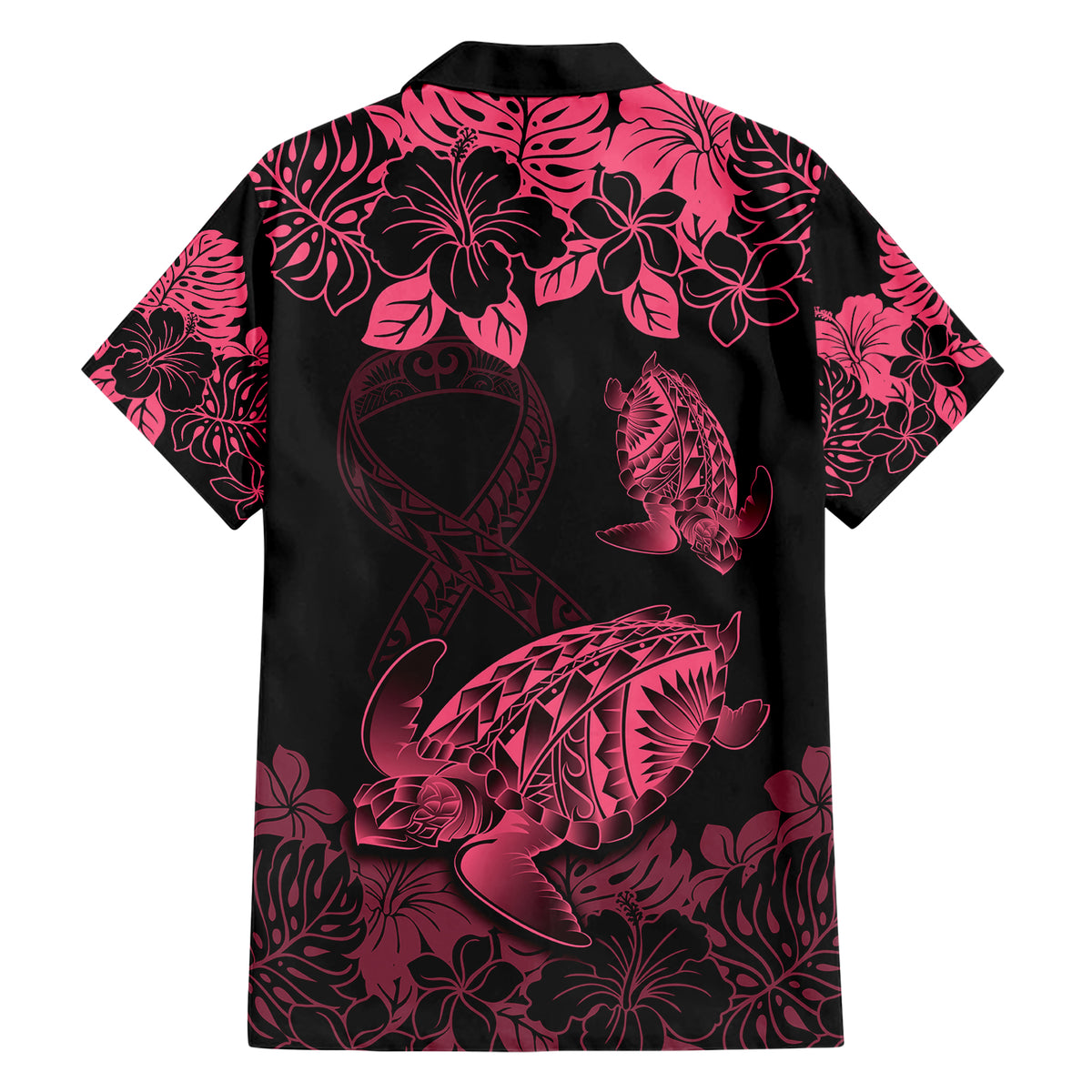 Personalised Polynesian Turtle Ribbon Family Matching Short Sleeve Bodycon Dress and Hawaiian Shirt Think Pink Breast Cancer With Pacific Hibiscus LT9 - Polynesian Pride
