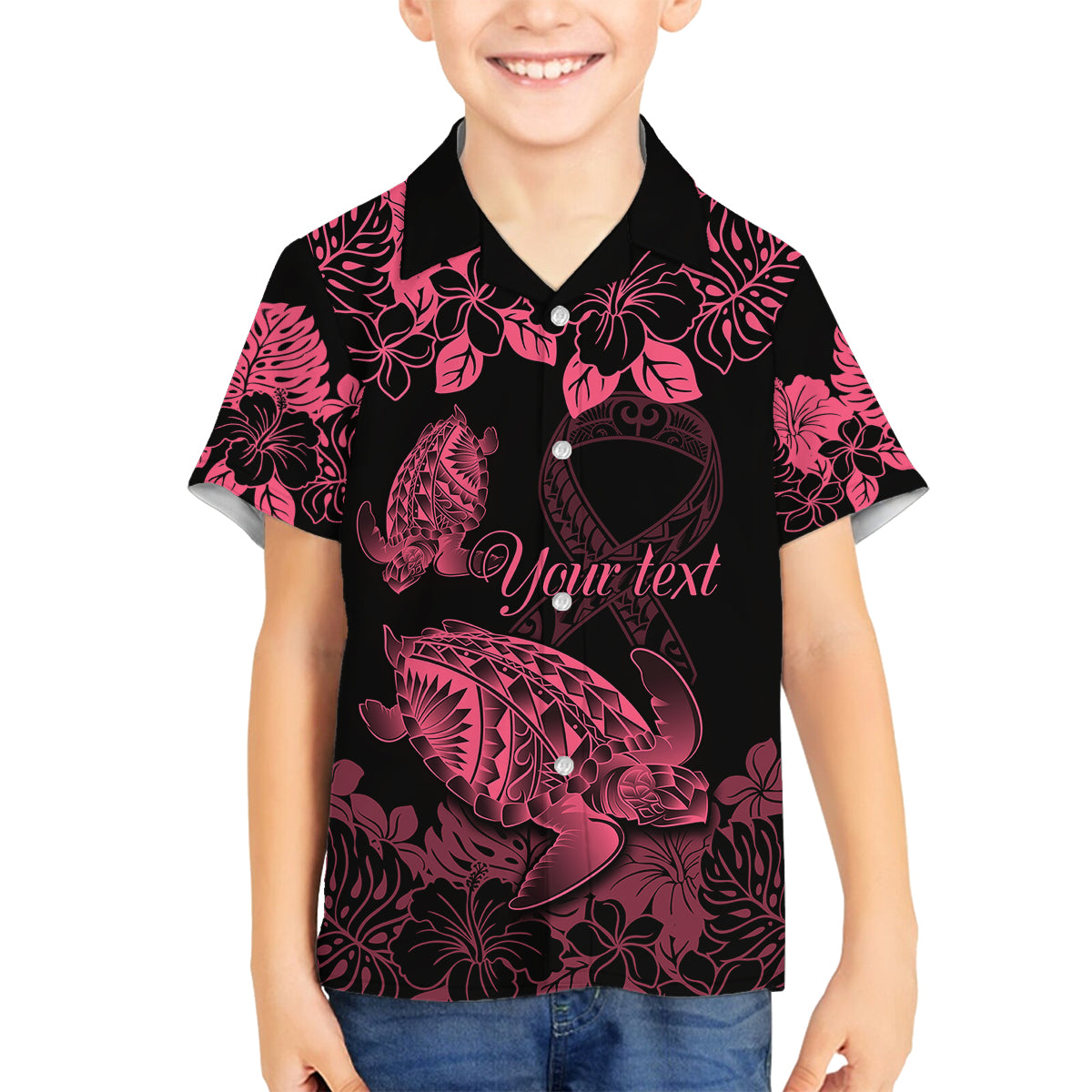 Personalised Polynesian Turtle Ribbon Family Matching Summer Maxi Dress and Hawaiian Shirt Think Pink Breast Cancer With Pacific Hibiscus LT9 Son's Shirt Pink - Polynesian Pride