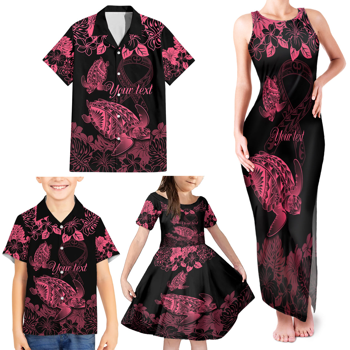 Personalised Polynesian Turtle Ribbon Family Matching Tank Maxi Dress and Hawaiian Shirt Think Pink Breast Cancer With Pacific Hibiscus LT9 - Polynesian Pride