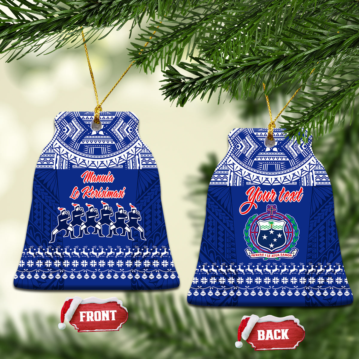 Personalised Toa Samoa Christmas Ceramic Ornament Samoa Siva Tau Manuia Le Kerisimasi Blue Vibe LT9 Bell Flake Blue - Polynesian Pride