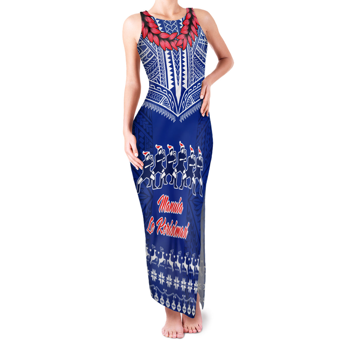 Personalised Toa Samoa Christmas Family Matching Tank Maxi Dress and Hawaiian Shirt Samoa Siva Tau Manuia Le Kerisimasi Blue Vibe LT9 Mom's Dress Blue - Polynesian Pride