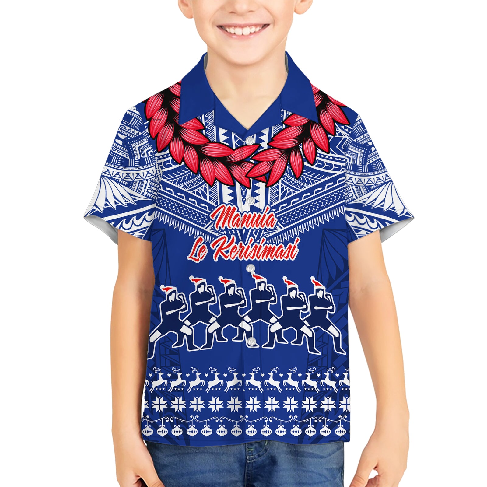 Personalised Toa Samoa Christmas Kid Hawaiian Shirt Samoa Siva Tau Manuia Le Kerisimasi Blue Vibe LT9 Kid Blue - Polynesian Pride