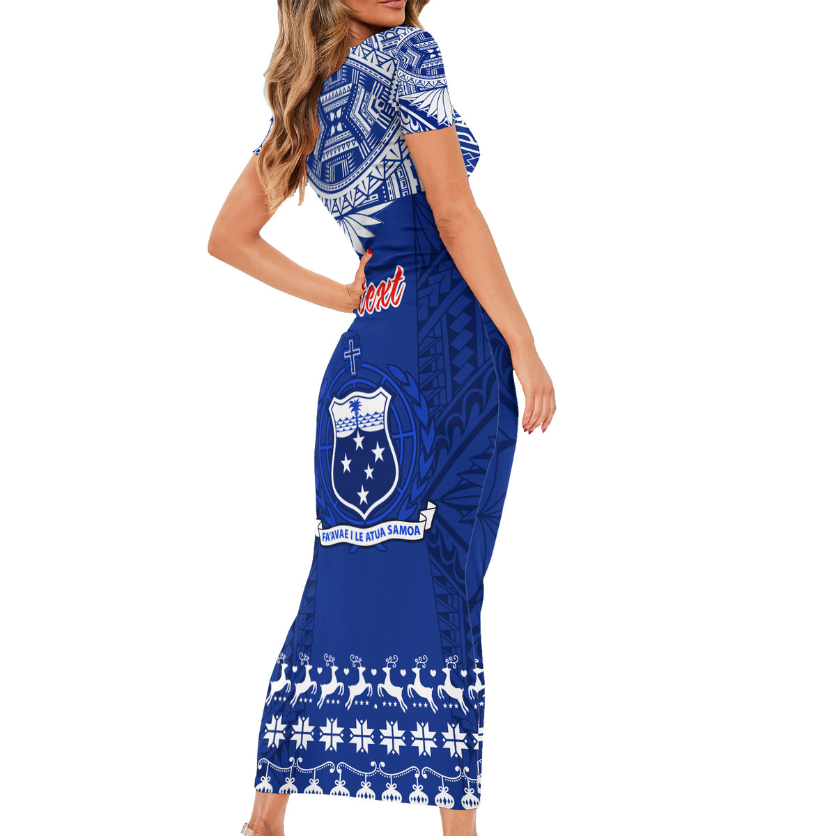 Personalised Toa Samoa Christmas Short Sleeve Bodycon Dress Samoa Siva Tau Manuia Le Kerisimasi Blue Vibe LT9 - Polynesian Pride