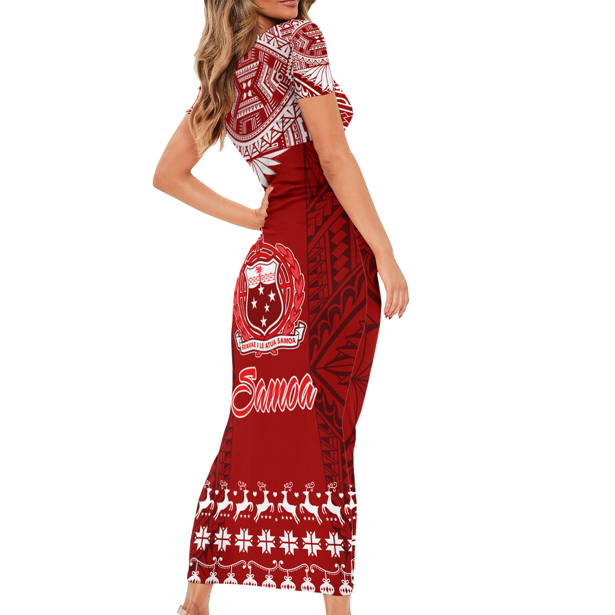 Toa Samoa Christmas Short Sleeve Bodycon Dress Samoa Siva Tau Manuia Le Kerisimasi Red Vibe LT9 - Polynesian Pride