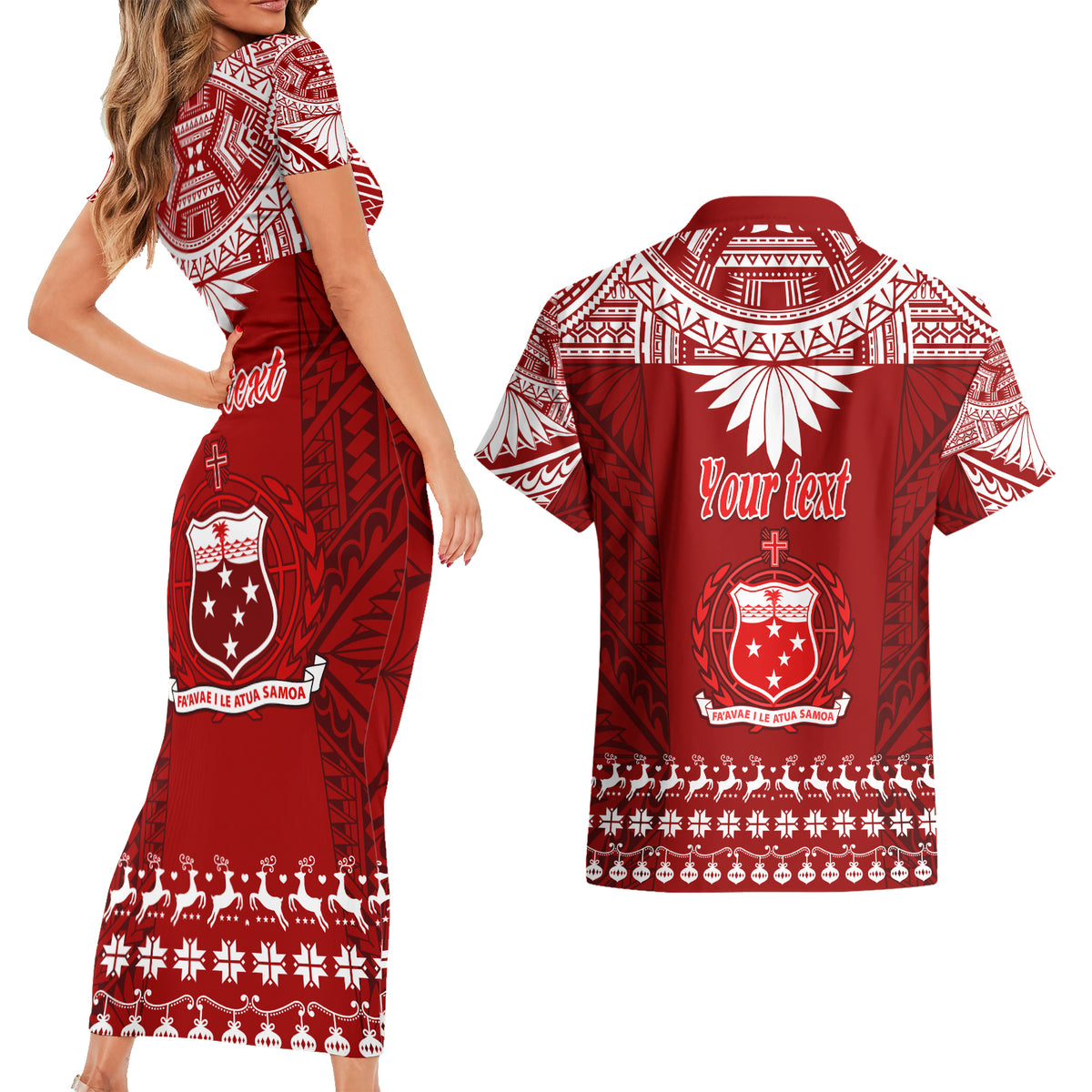 Personalised Toa Samoa Christmas Couples Matching Short Sleeve Bodycon Dress and Hawaiian Shirt Samoa Siva Tau Manuia Le Kerisimasi Red Vibe LT9 - Polynesian Pride