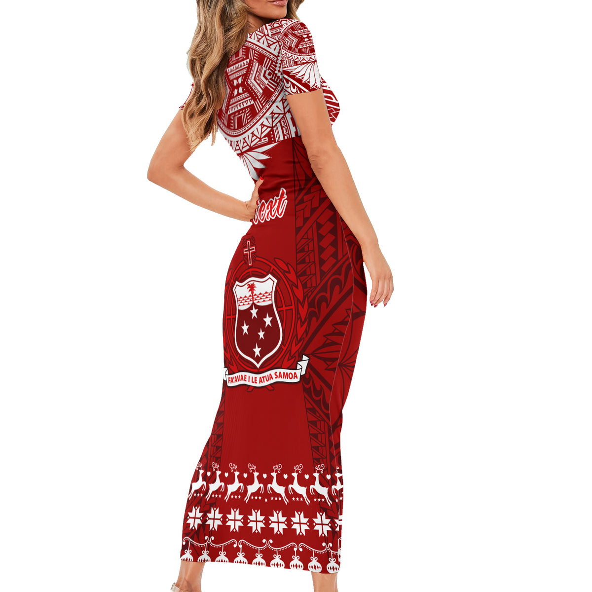 Personalised Toa Samoa Christmas Short Sleeve Bodycon Dress Samoa Siva Tau Manuia Le Kerisimasi Red Vibe LT9 - Polynesian Pride