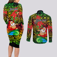 Personalised Vanuatu Joyeux Noel Couples Matching Long Sleeve Bodycon Dress and Long Sleeve Button Shirt Christmas Santas God Yumi LT9 - Polynesian Pride