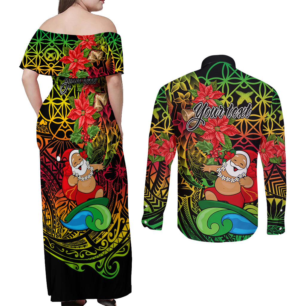 Personalised Vanuatu Joyeux Noel Couples Matching Off Shoulder Maxi Dress and Long Sleeve Button Shirt Christmas Santas God Yumi LT9 - Polynesian Pride