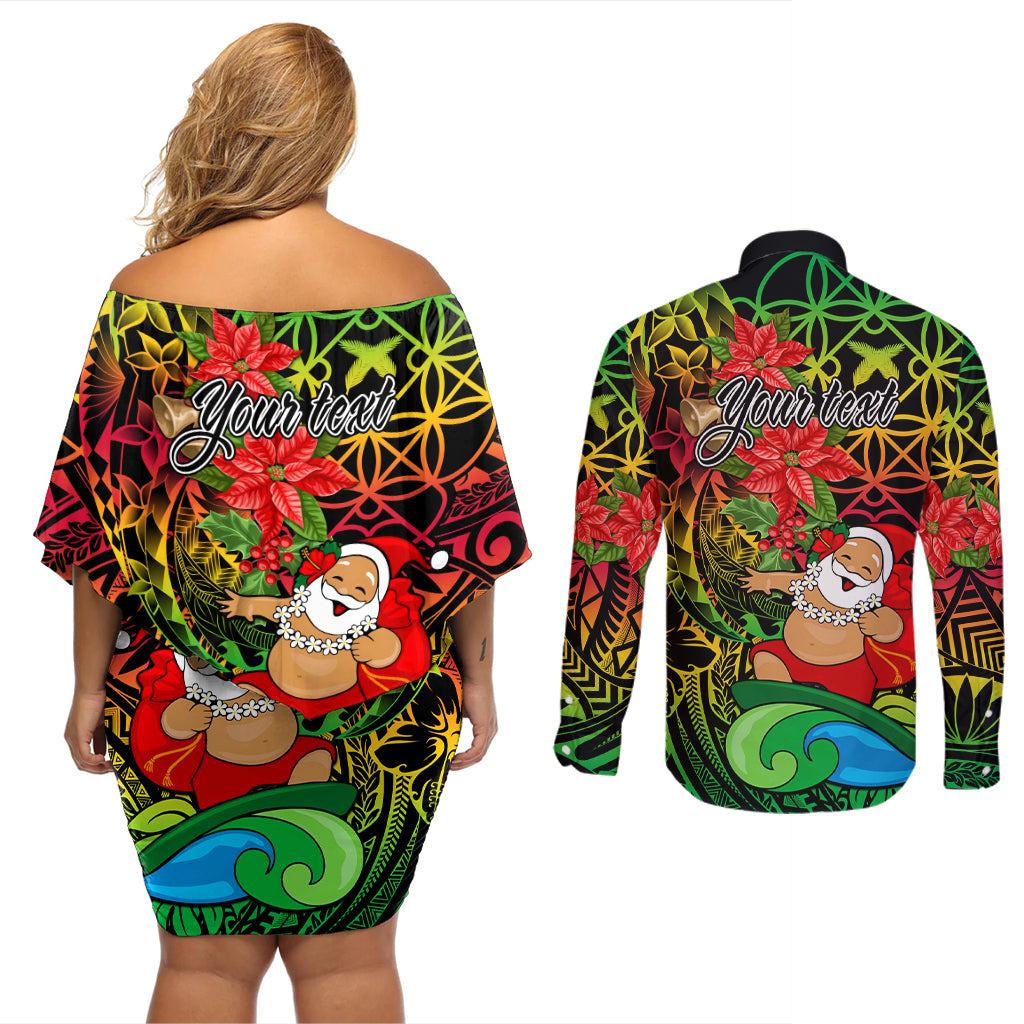 Personalised Vanuatu Joyeux Noel Couples Matching Off Shoulder Short Dress and Long Sleeve Button Shirt Christmas Santas God Yumi LT9 - Polynesian Pride