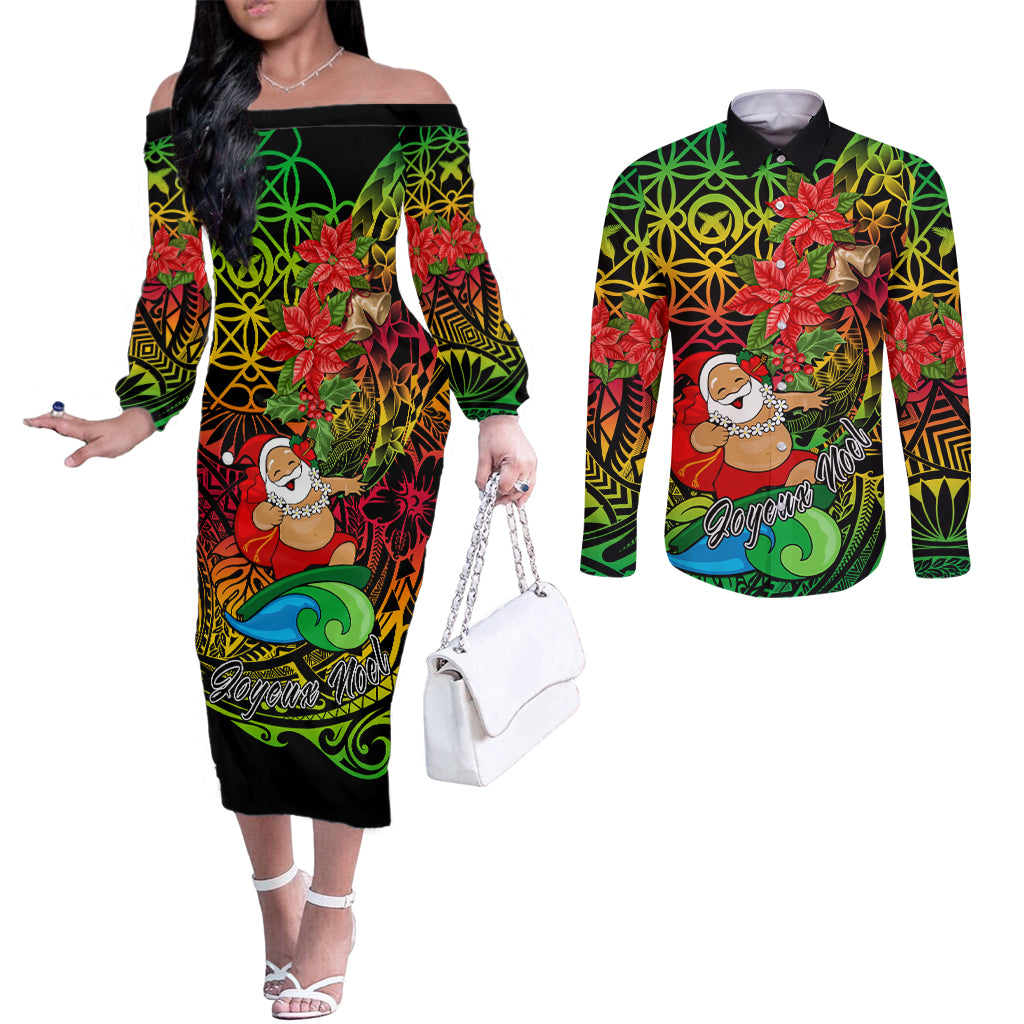 Personalised Vanuatu Joyeux Noel Couples Matching Off The Shoulder Long Sleeve Dress and Long Sleeve Button Shirt Christmas Santas God Yumi LT9 Reggae - Polynesian Pride