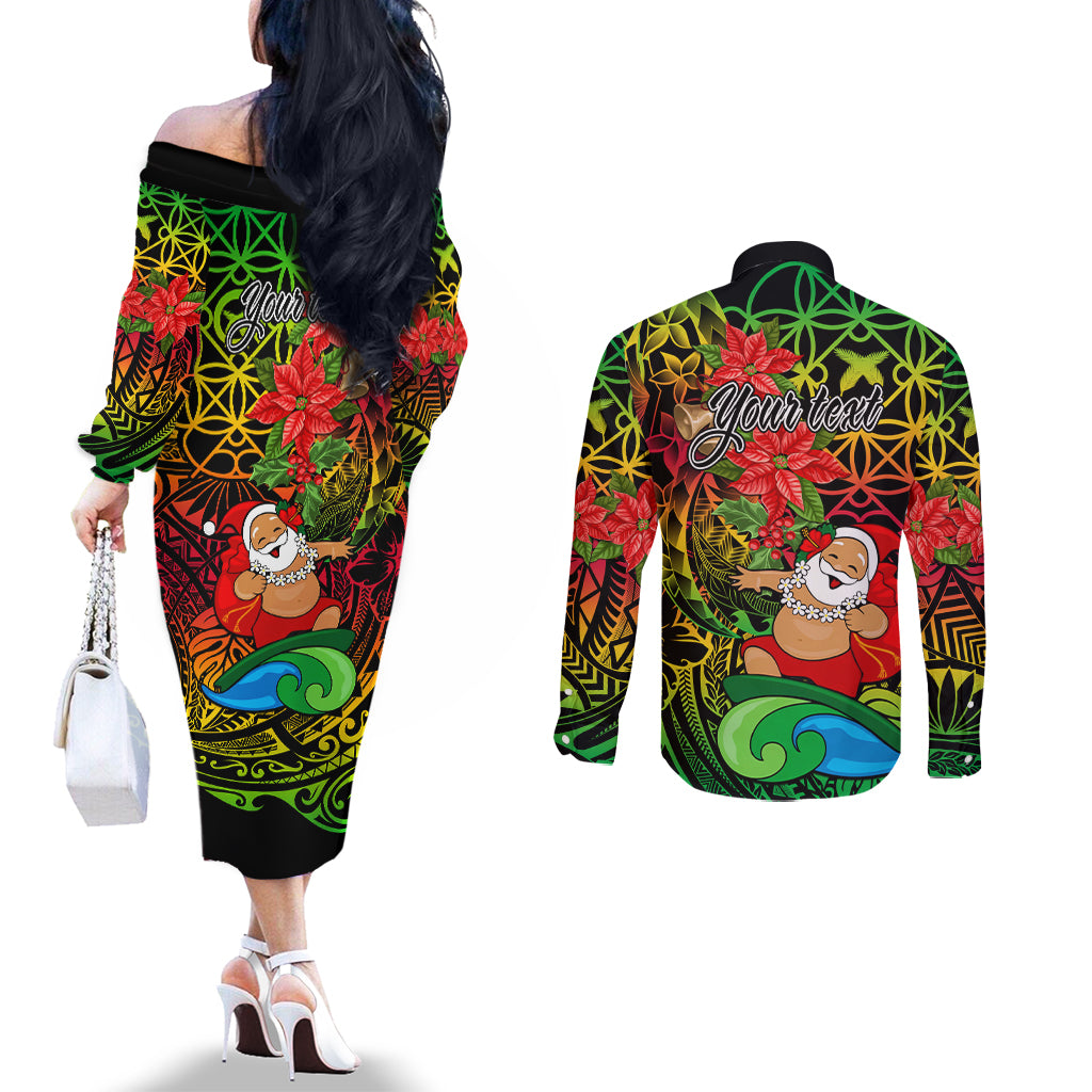 Personalised Vanuatu Joyeux Noel Couples Matching Off The Shoulder Long Sleeve Dress and Long Sleeve Button Shirt Christmas Santas God Yumi LT9 - Polynesian Pride