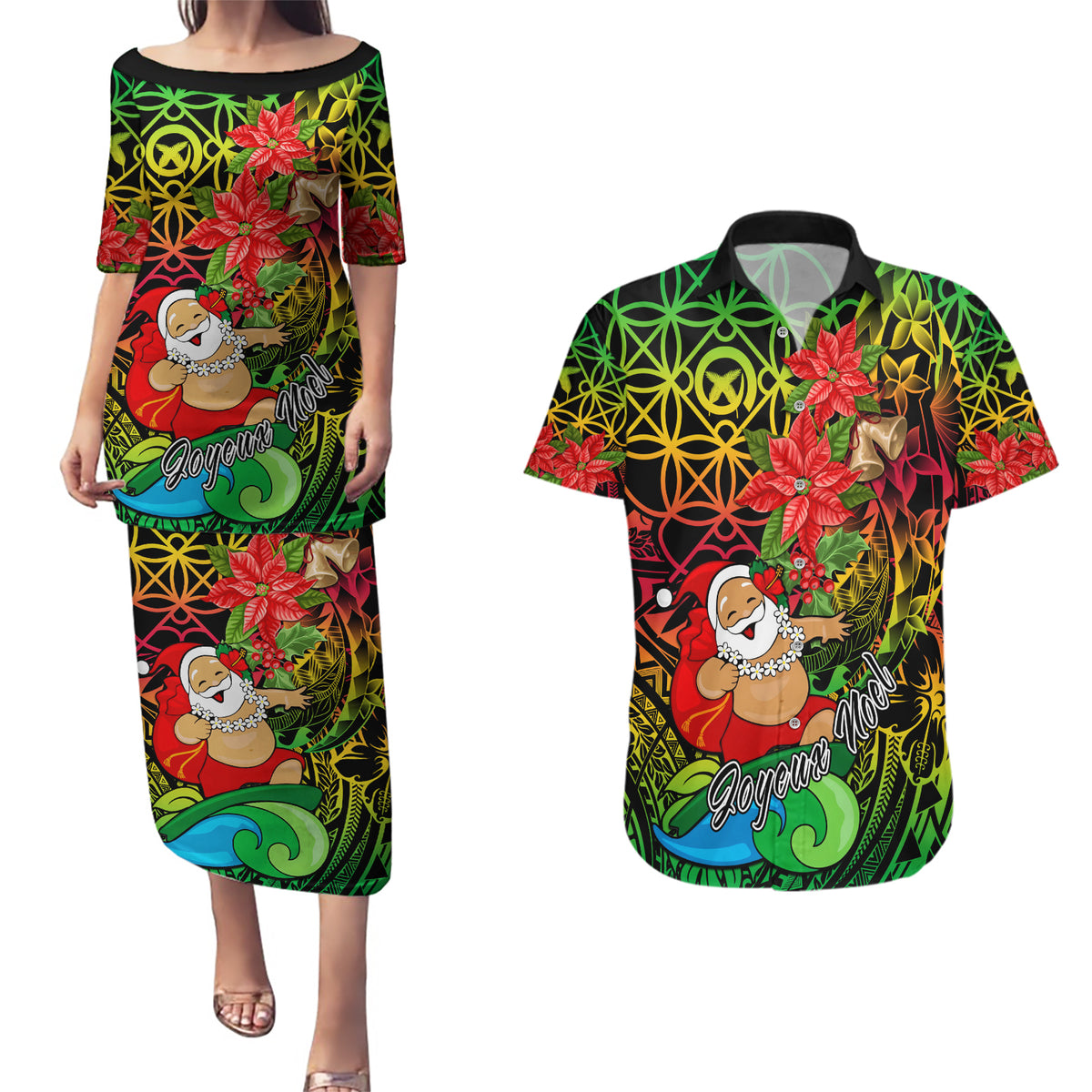 Personalised Vanuatu Joyeux Noel Couples Matching Puletasi Dress and Hawaiian Shirt Christmas Santas God Yumi LT9 Reggae - Polynesian Pride