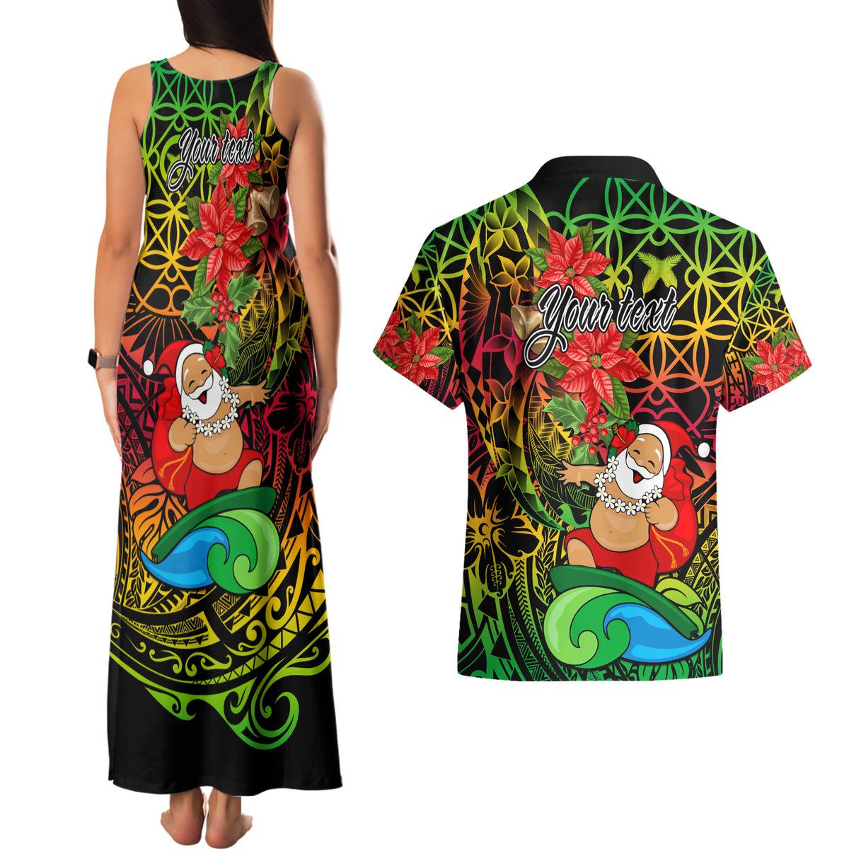 Personalised Vanuatu Joyeux Noel Couples Matching Tank Maxi Dress and Hawaiian Shirt Christmas Santas God Yumi LT9 - Polynesian Pride