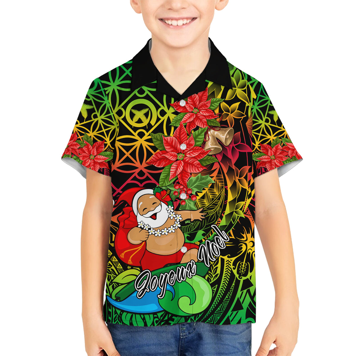 Personalised Vanuatu Joyeux Noel Family Matching Off Shoulder Long Sleeve Dress and Hawaiian Shirt Christmas Santas God Yumi LT9 Son's Shirt Reggae - Polynesian Pride
