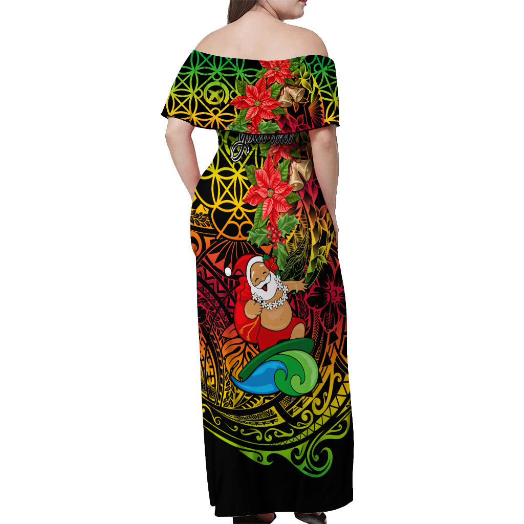 Personalised Vanuatu Joyeux Noel Off Shoulder Maxi Dress Christmas Santas God Yumi LT9 - Polynesian Pride